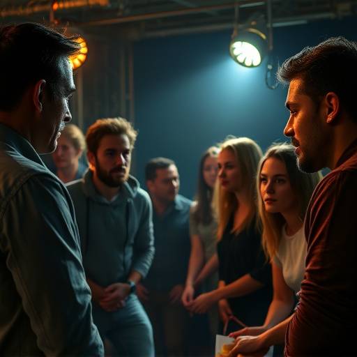 A diverse group of actors engaged in an intense scene study workshop.