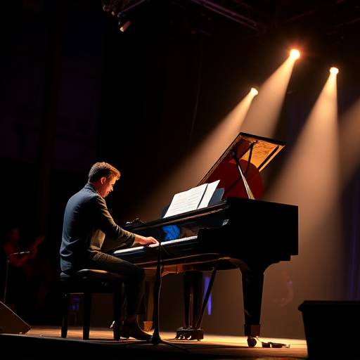 A musician playing a grand piano on a brightly lit stage during a concert.