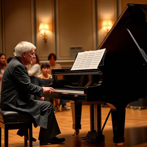 A piano masterclass in progress, with a renowned pianist providing individual feedback to a student at a grand piano.