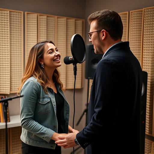 A vocal coach working with a singer on breath control and vocal projection in a soundproofed studio.