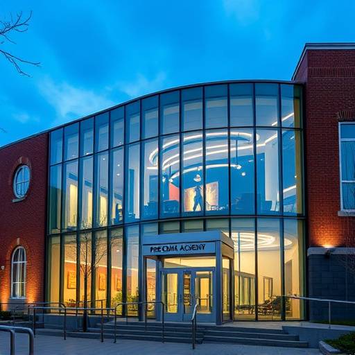 Exterior view of The Pinnacle Performing Arts Academy building, a modern glass and brick structure.