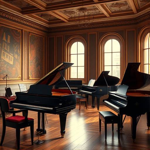 Interior of a well-equipped music room with grand pianos and various instruments.