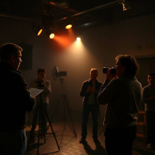 Two actors in a dramatic scene, practicing their lines in a dimly lit rehearsal room.